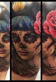 Mexico-style woman portrait rose tattoo pattern