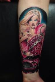 arm cute color Barbie doll with car and scissors tattoo pattern