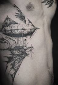 side rib carving style black and white fantasy airship tattoo pattern
