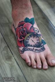 instep color clock rose tattoo pattern