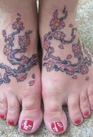 female instep color cherry tree tattoo pattern