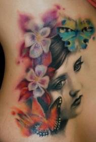 waist old school color flowers and female portrait tattoo pattern