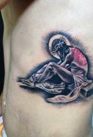 Dhinacyada feeraha ah ee riwaayadaha madow iyo caddaanka ee murugada leh ee loo yaqaan Ciise tattoo tattoo