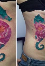 silhueta de hipocampo de cor de lado de cintura com padrão de tatuagem de lótus