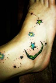 instep colored five-pointed star and moon tattoo pattern
