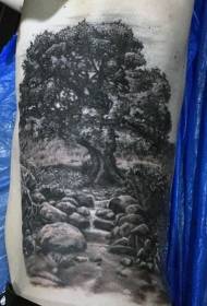 waist side black gray rural trees and Creek tattoo pattern
