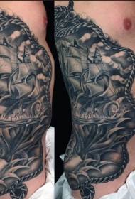 Side ribs depicting black and white sailboats with squid tattoo patterns