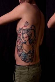 waist side color Japanese traditional geisha and flower tattoo pattern