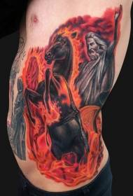 side rib painted horse rider with flame tattoo pattern