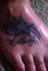 instep blue starfish and waves Tattoo with letter tattoo