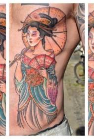 侧肋漂亮的彩色艺妓与伞纹身图案