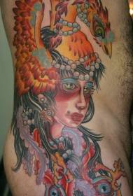 velha escola costela cor de mulher com padrão de tatuagem de fênix