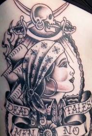 side ribs old school pirate woman portrait with letter tattoo pattern