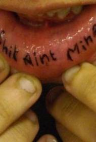 a row of black letter tattoo patterns inside the lips