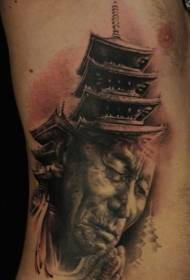 side rib realistic Asian monk portrait combined with temple tattoo Pattern