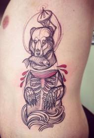 side rib carving style color bear skeleton and fish tattoo pattern
