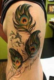waist side color peacock feather and lion tattoo picture