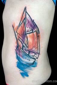 waist side watercolor style small sailboat tattoo pattern