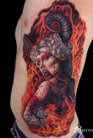 derék oldalán színes horror stílus véres démon nő láng tetoválás
