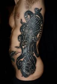 side rib black and white giant octopus and skull tattoo pattern
