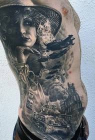 Seitenrippen sehr realistische schwarzgraue Militärwaffe mit weiblichem Portrait-Tattoo-Muster