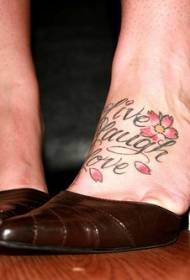 instep color cherry blossoms and English letters Tattoo pattern