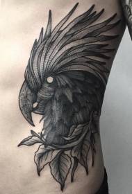 Gravure Stil schwaarz Papagei mat Leaf Säit Rib Tattoo Muster