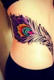 female side rib color peacock feather tattoo pattern