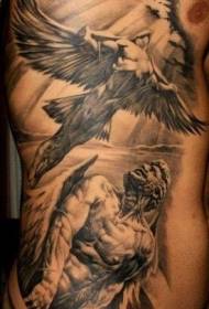 サイドリブ黒と白の豪華な天使現実的なタトゥーパターン