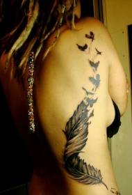 piger side ribben sort og hvid fjer og fugl tatovering design