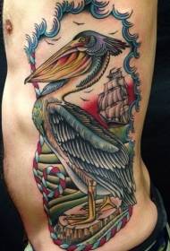 腰部彩色小鸟与帆船纹身图案