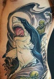 Taille Säit nei Schoul Faarf Shark Skelett Tattoo Muster