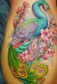 侧肋奇妙的插画风格彩色孔雀羽毛花朵纹身图案