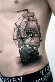 very realistic black sailing boat Side rib tattoo pattern