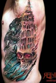 tajomná bočná lebka démona s veľkou vežou tetovania