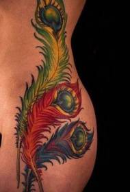 female waist side color peacock feather tattoo pattern