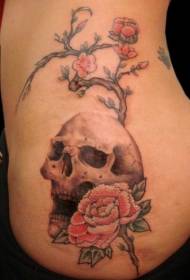 waist side color skull and flower branch tattoo pattern