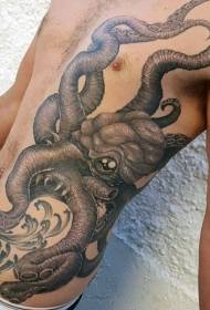 manlig midje sida svart grå realistiska bläckfisk tatuering mönster