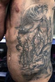 side ribs Very realistic black gray bottom squid tattoo pattern