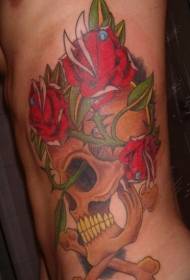waist side colored skull and flower tattoo pattern