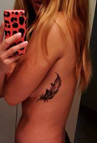 girl side rib beautiful feather tattoo picture