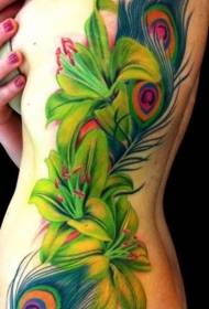 female side rib bagong paaralan peacock feather lily tattoo pattern