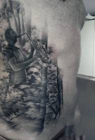 side ribs Black gray saxophone musician tattoo pattern