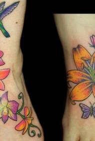 instep Colorful lily flower with hummingbird tattoo pattern