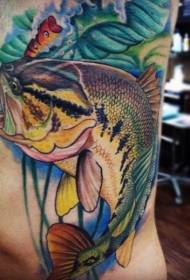 측면 갈비뼈 현실적인 그린 후크 물고기 문신 패턴