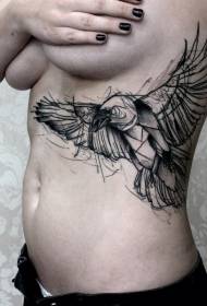 side rib sketch style black line bird tattoo pattern