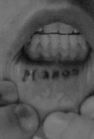 black letter tattoo pattern near the teeth