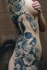 female waist side black gray skull with rose tattoo pattern