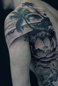 肩部黑灰莲花与棕榈树和海岸风景纹身图案