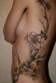 girls side rib realistic cherry branch tattoo pattern